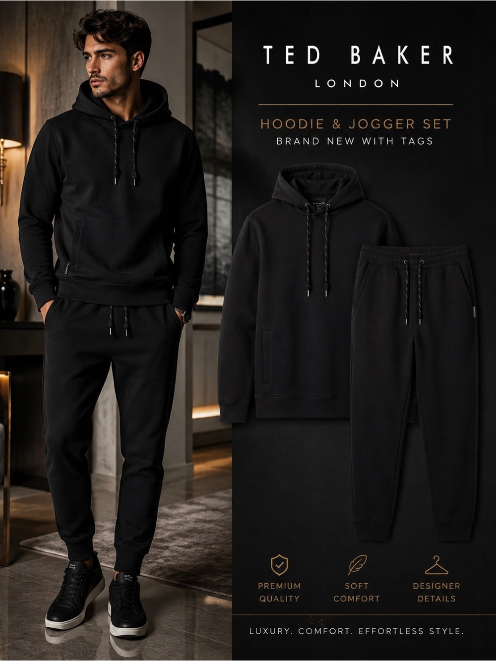 Ted Baker London Black Luxe Hoodie Jogger Set NWT Quiet Luxury Medium $325 NEW